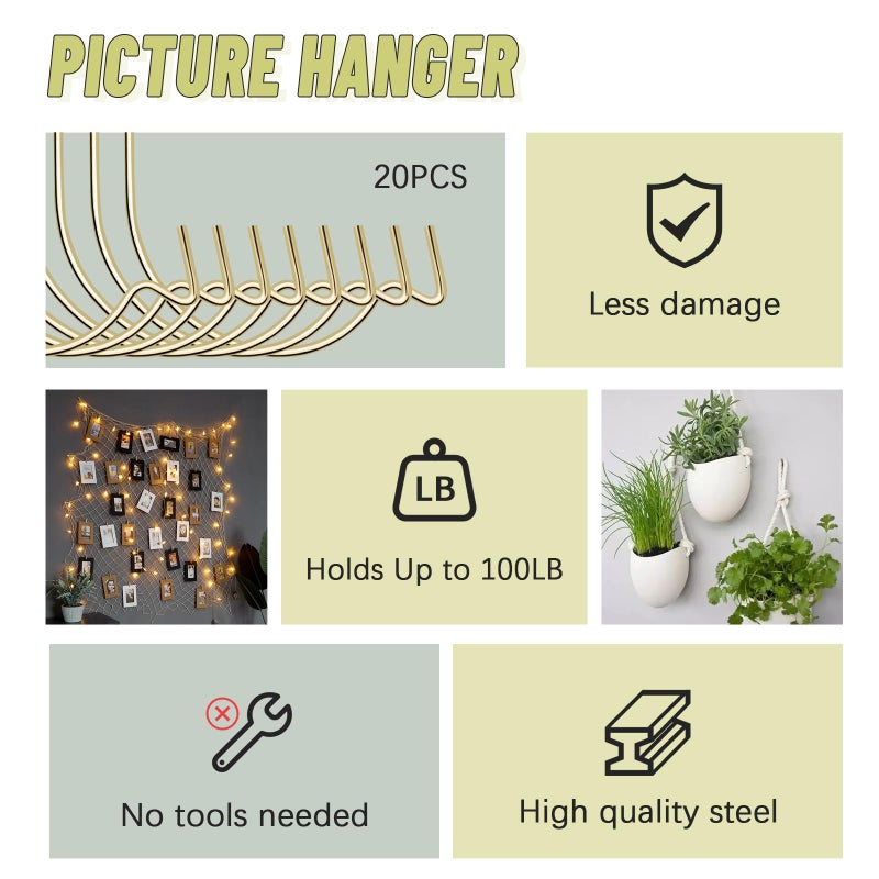 Furhua شماعة صور FURHUA Super Hooks، تعليق فني، ساعة، أرفف، مرايا، إطارات، أو مزارعات لديكورات المنزل والمكتب - Aeneous 20 قطعة - Image 4
